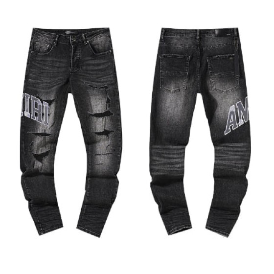 Black Washed Denim Jeans with Grey AMIRI Logo and Distressing